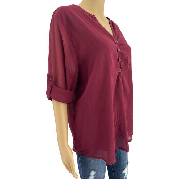 Shein (L) Burgundy Red Sheer Button Back RollTab Long Sleeve Blouse Top - Picture 4 of 10